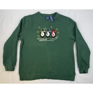 Basic Editions Penguin Christmas Sweatshirt Green Cozy Holiday Winter Medium